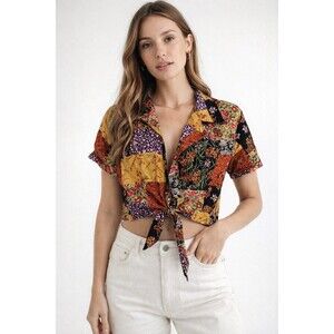 Vintage Taurus 2 Patchwork Floral Tie Front Crop Top Shirt Size 10 90's Boho